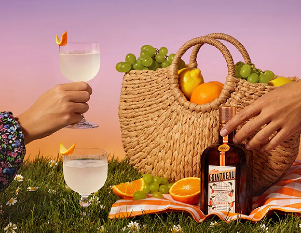 Summer cocktails with orange peels, a picnic bag and an assortment of grapes, lemons, and oranges on an orange and white checkered picnic blanket and outdoors on grass