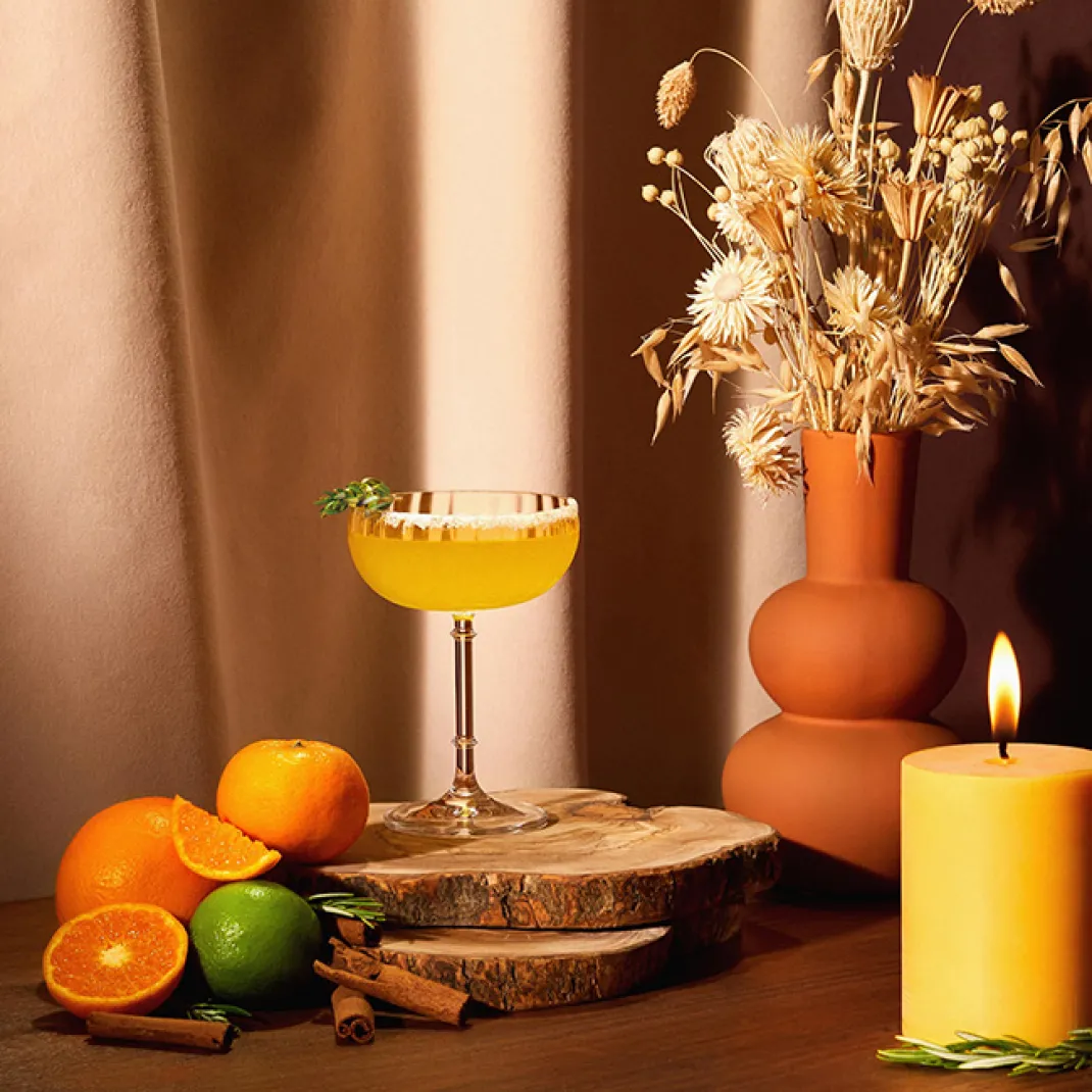 Fireplace, a mezcal margarita, in a coupe glass