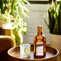The Original Margarita cocktail in a glass next to a Cointreau bottle on a brown wooden table in a bright room with daylight and plants